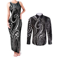 Polynesia Plumeria Lei Couples Matching Tank Maxi Dress and Long Sleeve Button Shirt Black Curves Motif LT7 Black - Polynesian Pride