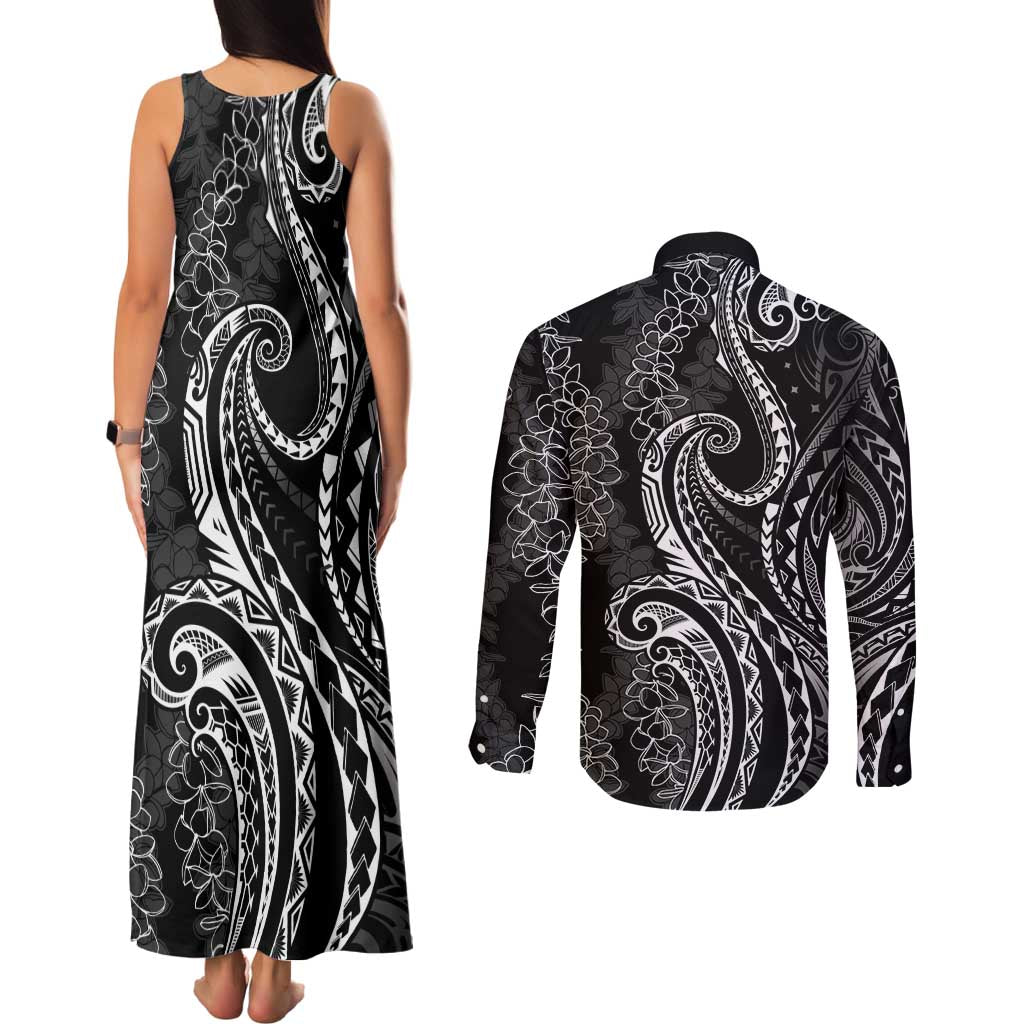 Polynesia Plumeria Lei Couples Matching Tank Maxi Dress and Long Sleeve Button Shirt Black Curves Motif LT7 - Polynesian Pride