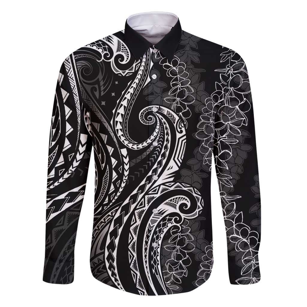 Polynesia Plumeria Lei Family Matching Long Sleeve Bodycon Dress and Hawaiian Shirt Black Curves Motif