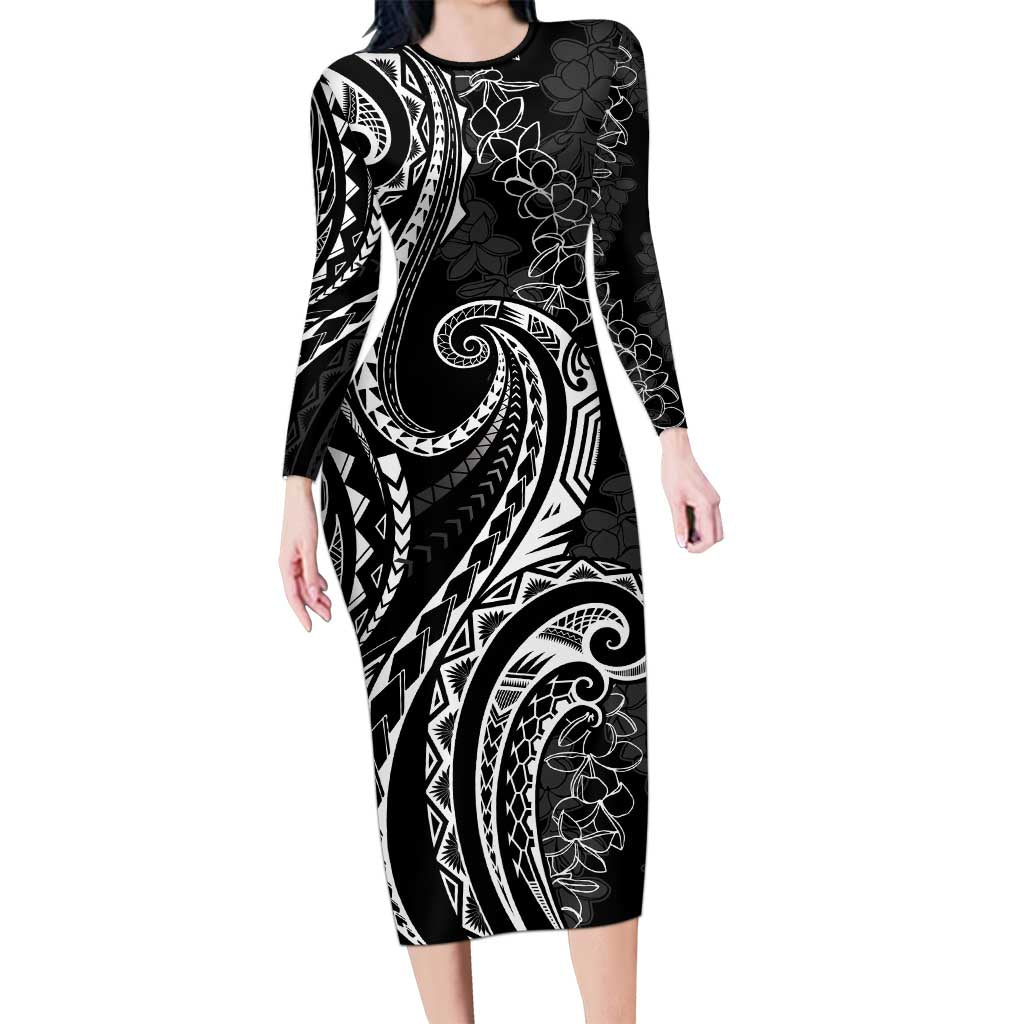 Polynesia Plumeria Lei Family Matching Long Sleeve Bodycon Dress and Hawaiian Shirt Black Curves Motif