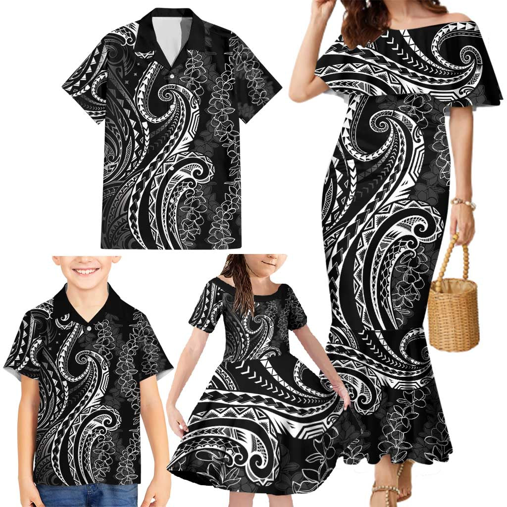 Polynesia Plumeria Lei Family Matching Mermaid Dress and Hawaiian Shirt Black Curves Motif LT7 - Polynesian Pride