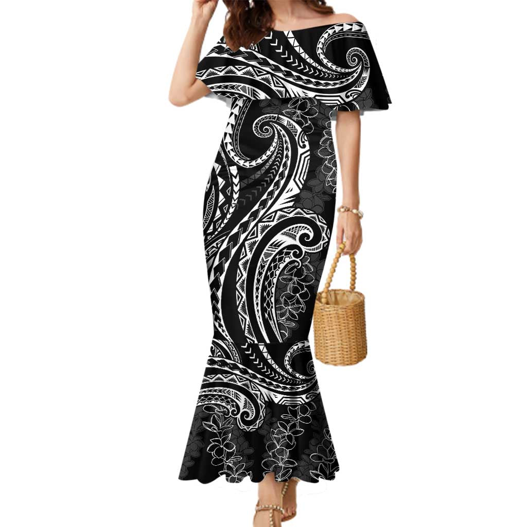 Polynesia Plumeria Lei Family Matching Mermaid Dress and Hawaiian Shirt Black Curves Motif