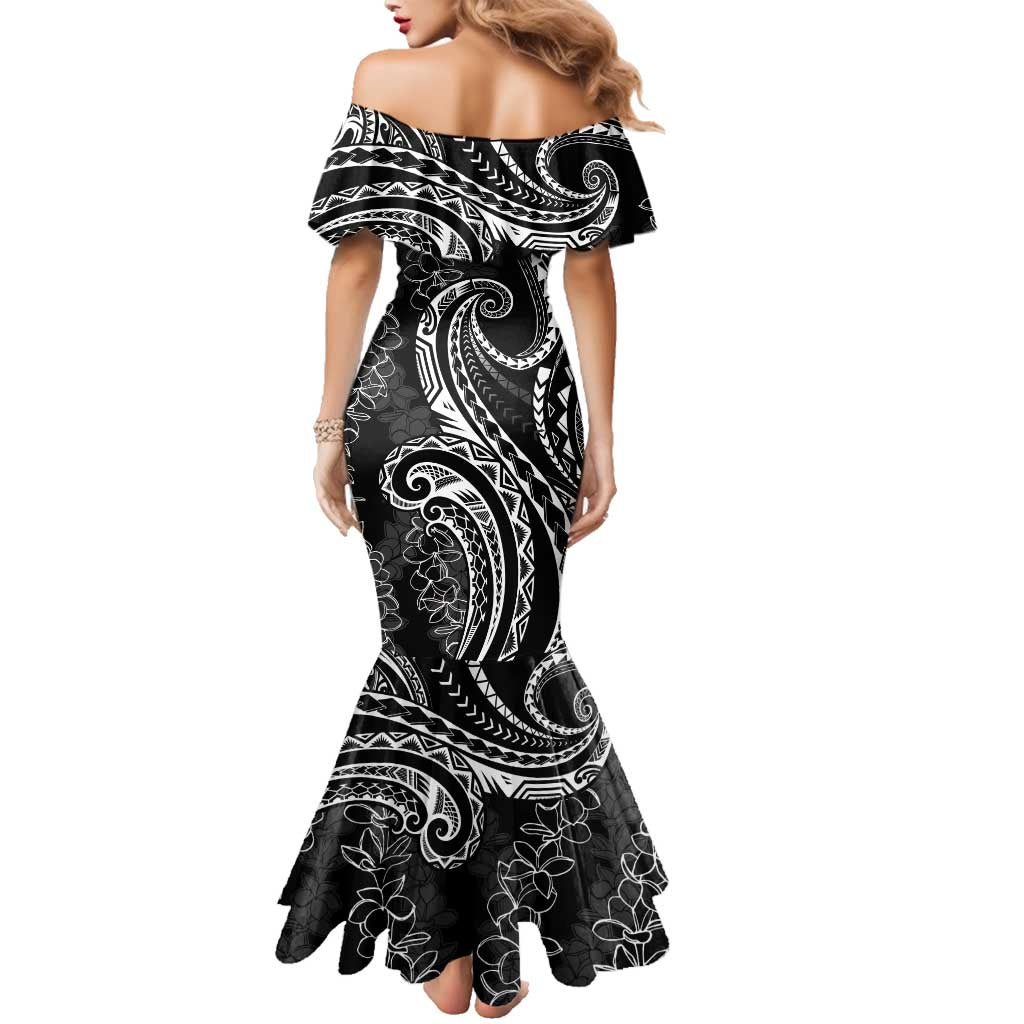 Polynesia Plumeria Lei Family Matching Mermaid Dress and Hawaiian Shirt Black Curves Motif