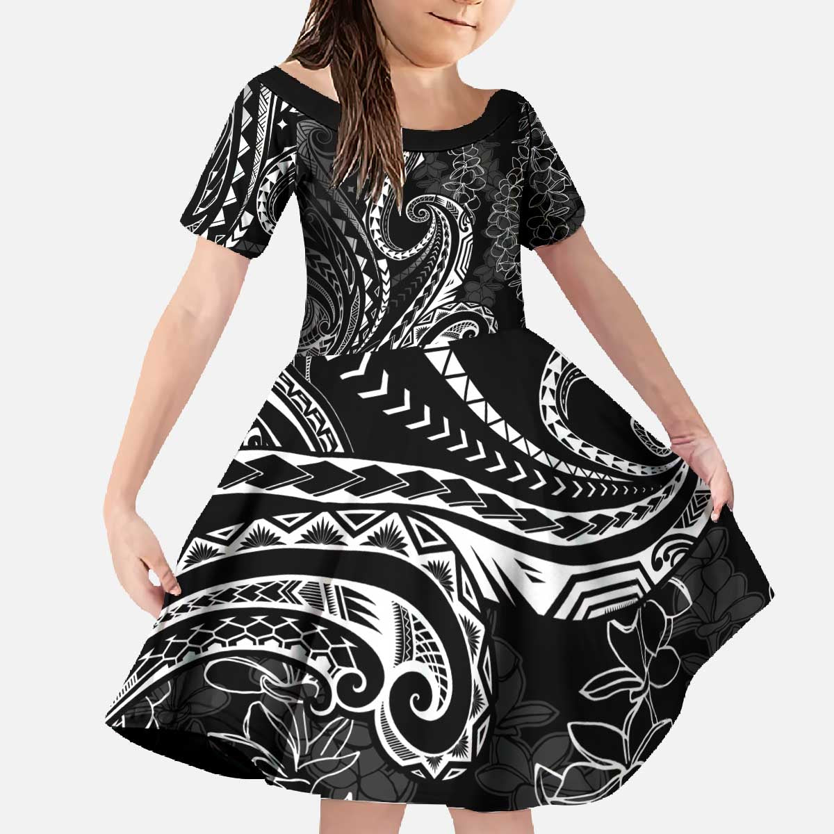 Polynesia Plumeria Lei Family Matching Off The Shoulder Long Sleeve Dress and Hawaiian Shirt Black Curves Motif