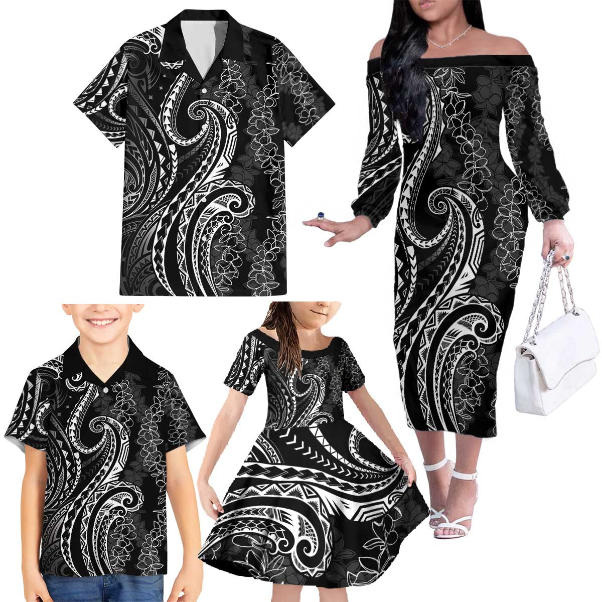 Polynesia Plumeria Lei Family Matching Off The Shoulder Long Sleeve Dress and Hawaiian Shirt Black Curves Motif LT7 - Polynesian Pride