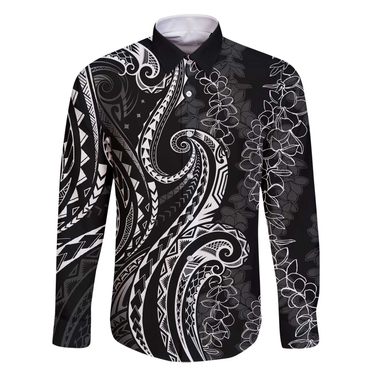 Polynesia Plumeria Lei Family Matching Off The Shoulder Long Sleeve Dress and Hawaiian Shirt Black Curves Motif