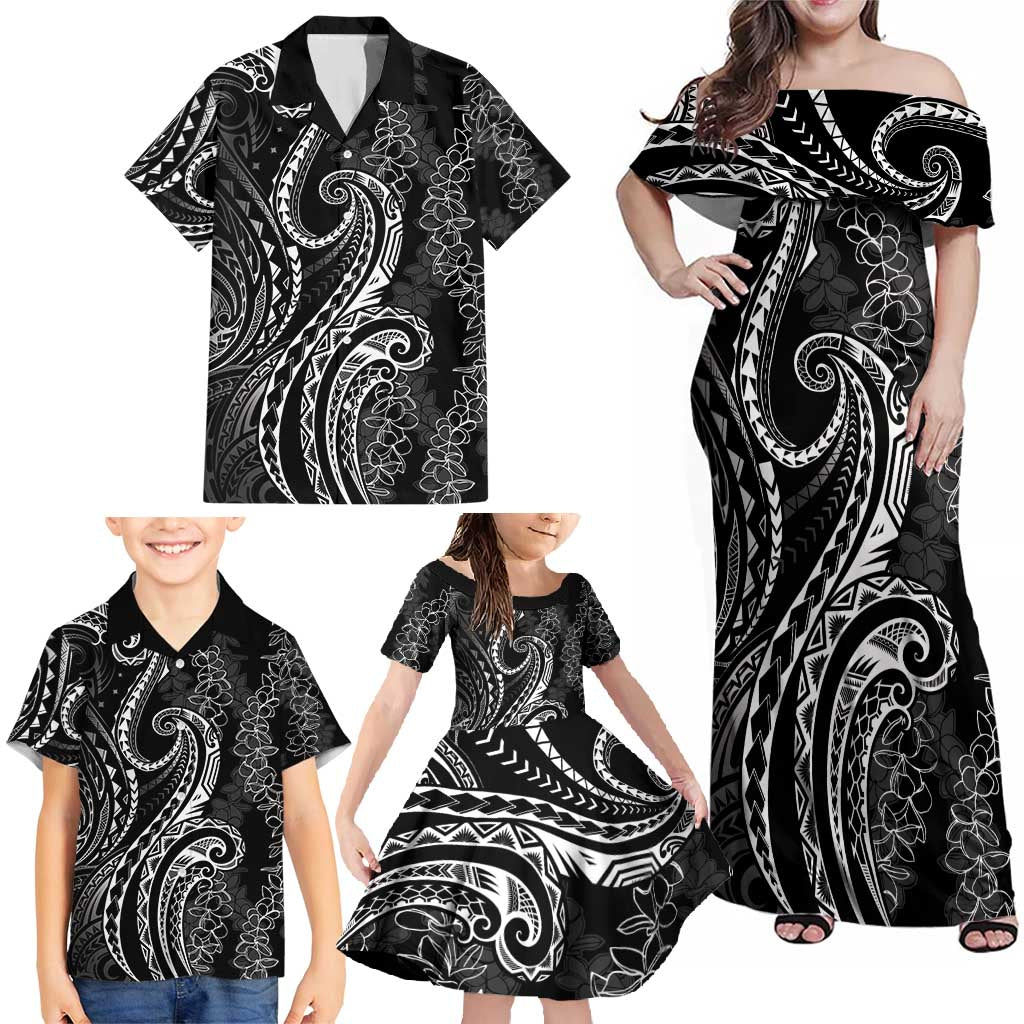 Polynesia Plumeria Lei Family Matching Off Shoulder Maxi Dress and Hawaiian Shirt Black Curves Motif LT7 - Polynesian Pride