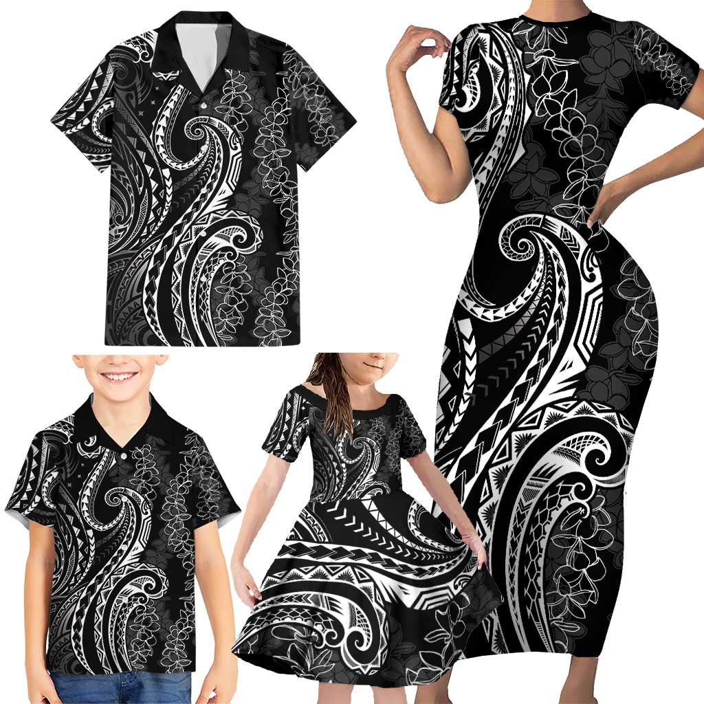 Polynesia Plumeria Lei Family Matching Short Sleeve Bodycon Dress and Hawaiian Shirt Black Curves Motif LT7 - Polynesian Pride