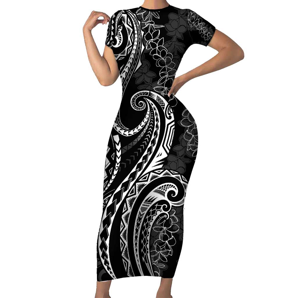 Polynesia Plumeria Lei Family Matching Short Sleeve Bodycon Dress and Hawaiian Shirt Black Curves Motif