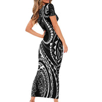 Polynesia Plumeria Lei Family Matching Short Sleeve Bodycon Dress and Hawaiian Shirt Black Curves Motif