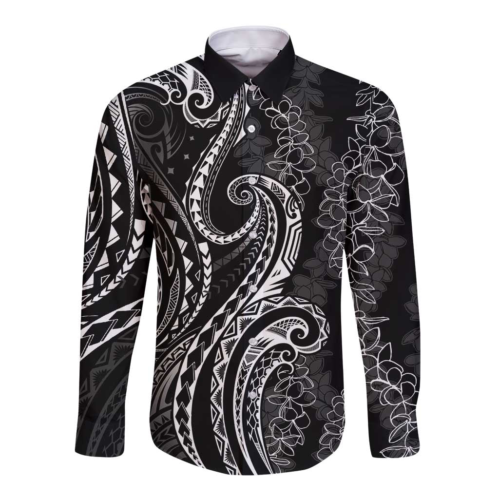Polynesia Plumeria Lei Long Sleeve Button Shirt Black Curves Motif LT7 Unisex Black - Polynesian Pride