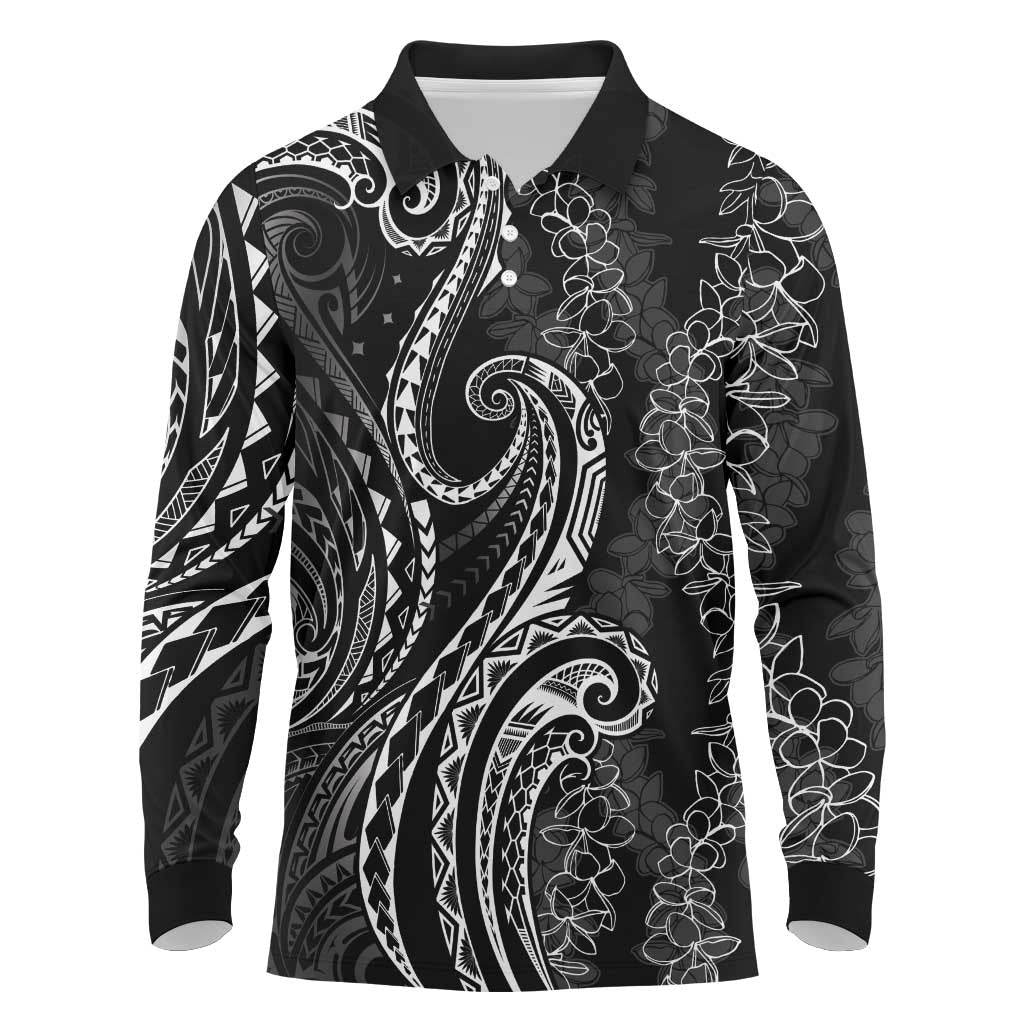 Polynesia Plumeria Lei Long Sleeve Polo Shirt Black Curves Motif