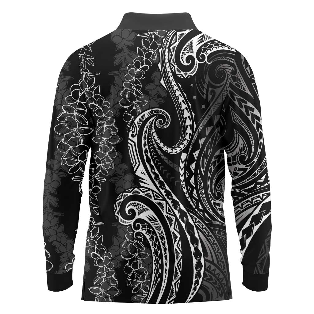 Polynesia Plumeria Lei Long Sleeve Polo Shirt Black Curves Motif