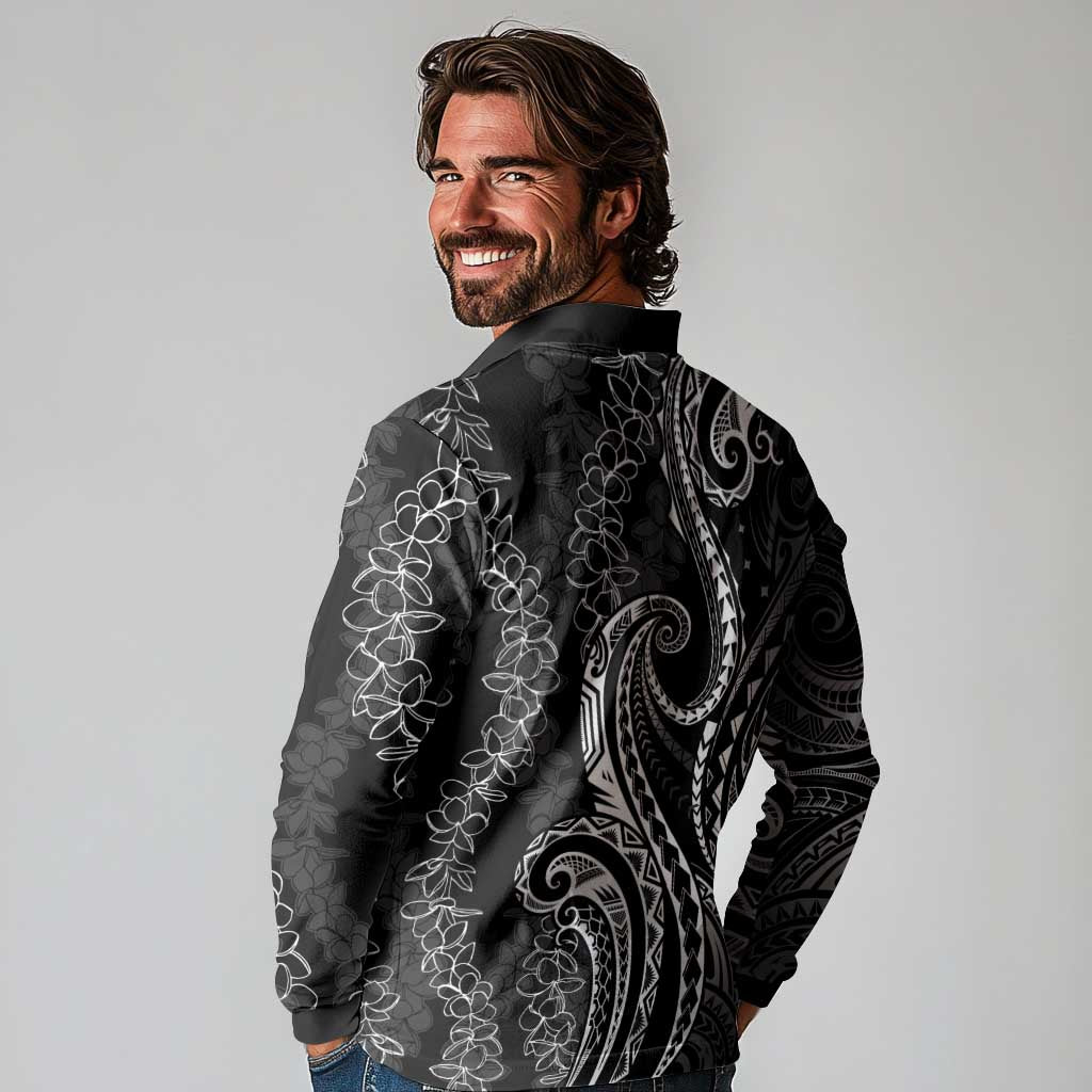 Polynesia Plumeria Lei Long Sleeve Polo Shirt Black Curves Motif