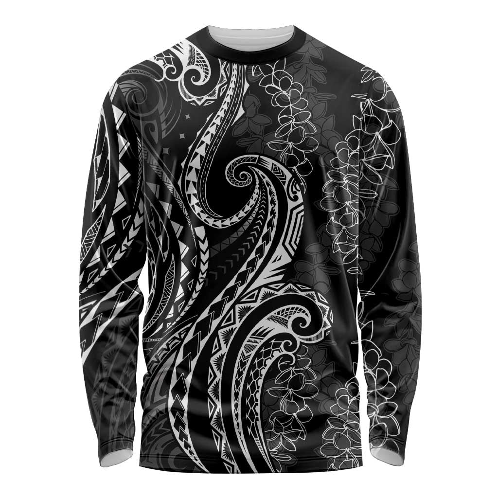Polynesia Plumeria Lei Long Sleeve Shirt Black Curves Motif LT7 Unisex Black - Polynesian Pride