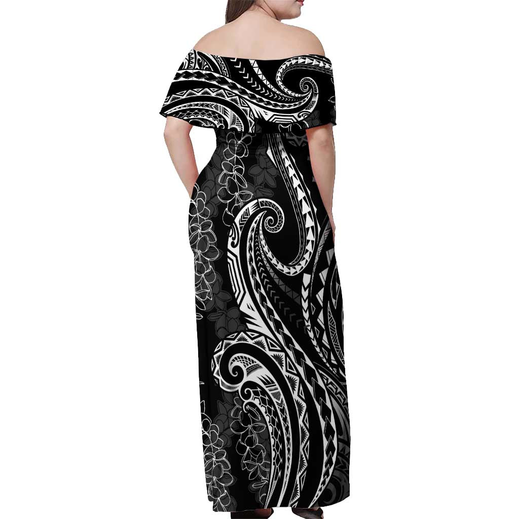 Polynesia Plumeria Lei Off Shoulder Maxi Dress Black Curves Motif