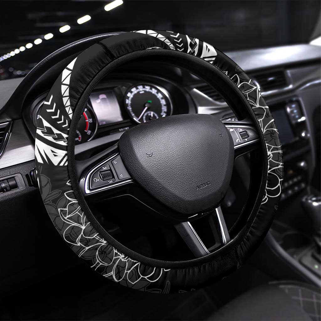Polynesia Plumeria Lei Steering Wheel Cover Black Curves Motif LT7 Universal Fit Black - Polynesian Pride