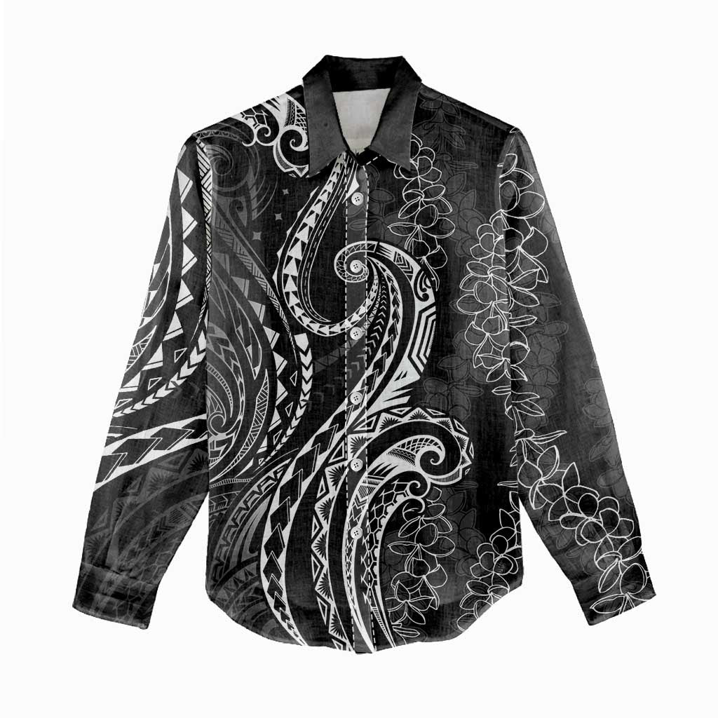 Polynesia Plumeria Lei Women Casual Shirt Black Curves Motif