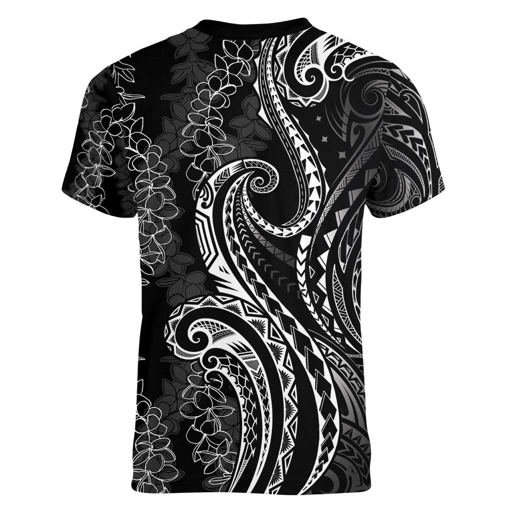 Polynesia Plumeria Lei Women V-Neck T-Shirt Black Curves Motif