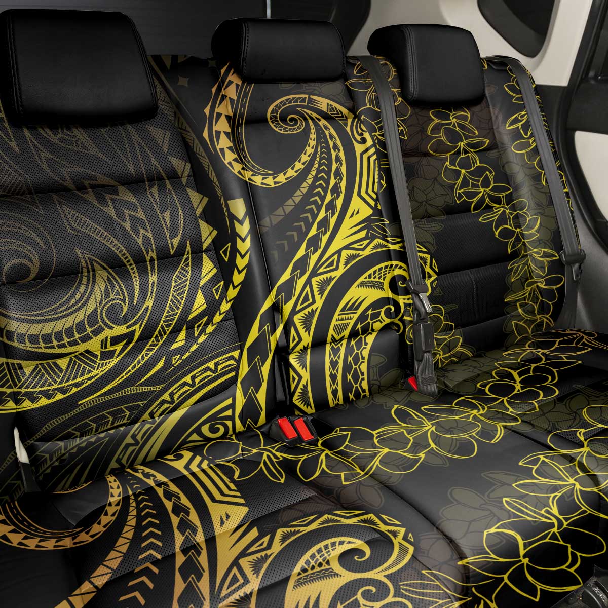 Polynesia Plumeria Lei Back Car Seat Cover Black Gold Curves Motif