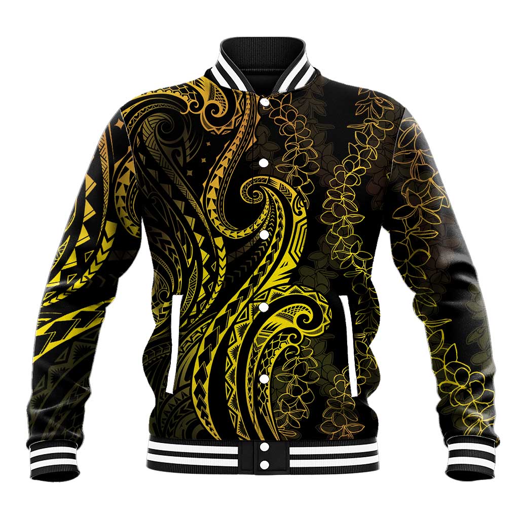 Polynesia Plumeria Lei Baseball Jacket Black Gold Curves Motif LT7 Unisex Gold - Polynesian Pride