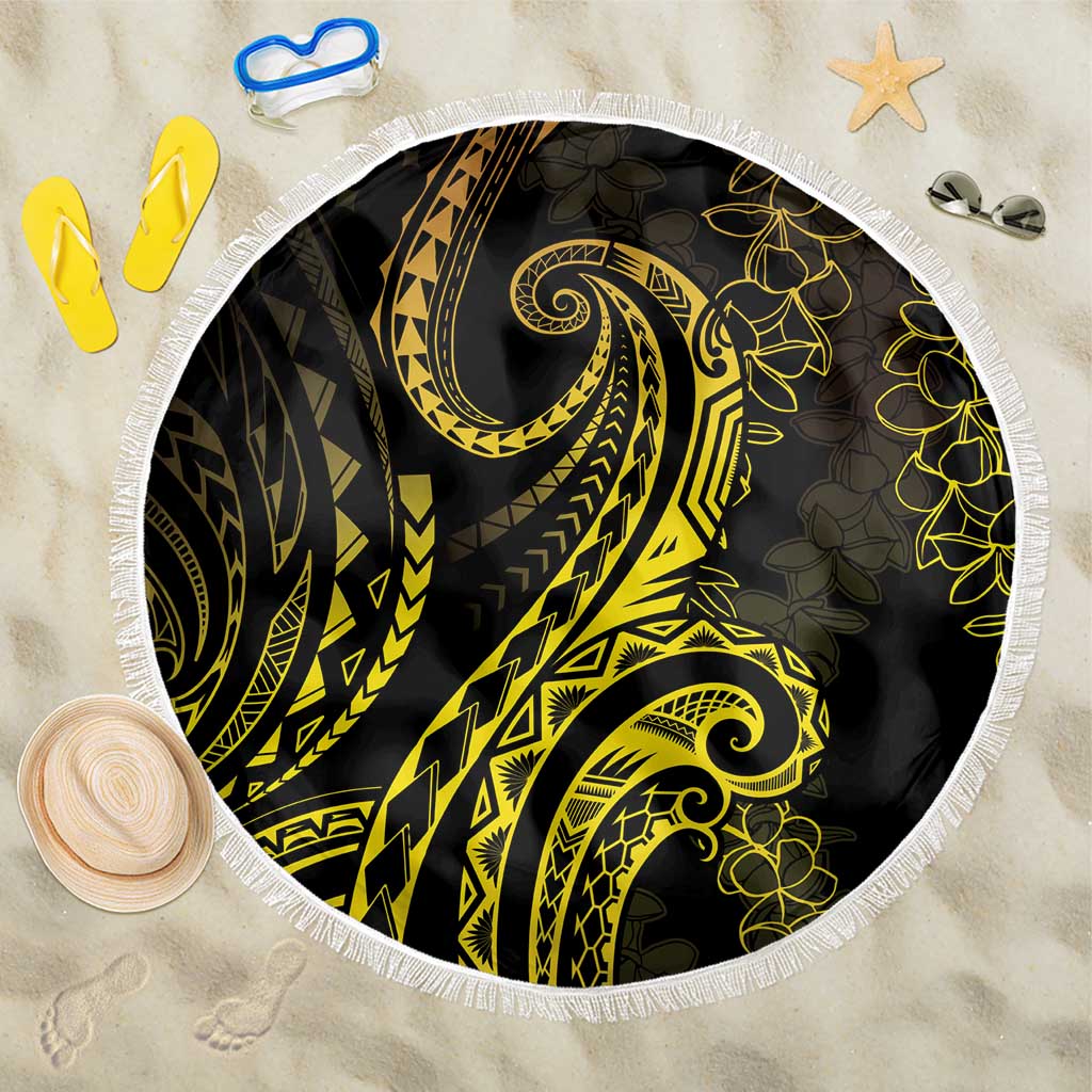 Polynesia Plumeria Lei Beach Blanket Black Gold Curves Motif LT7 One Size 150cm Gold - Polynesian Pride