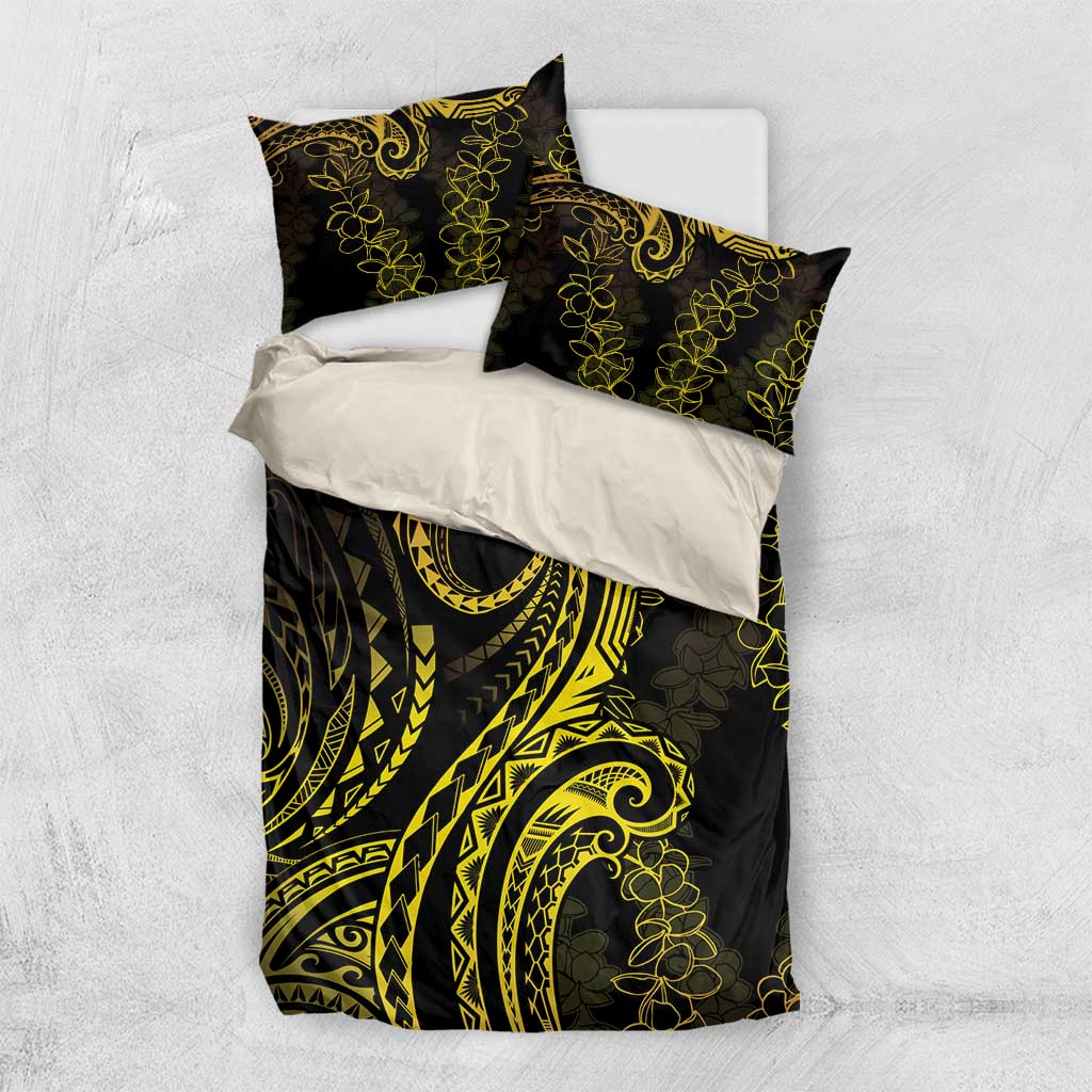 Polynesia Plumeria Lei Bedding Set Black Gold Curves Motif