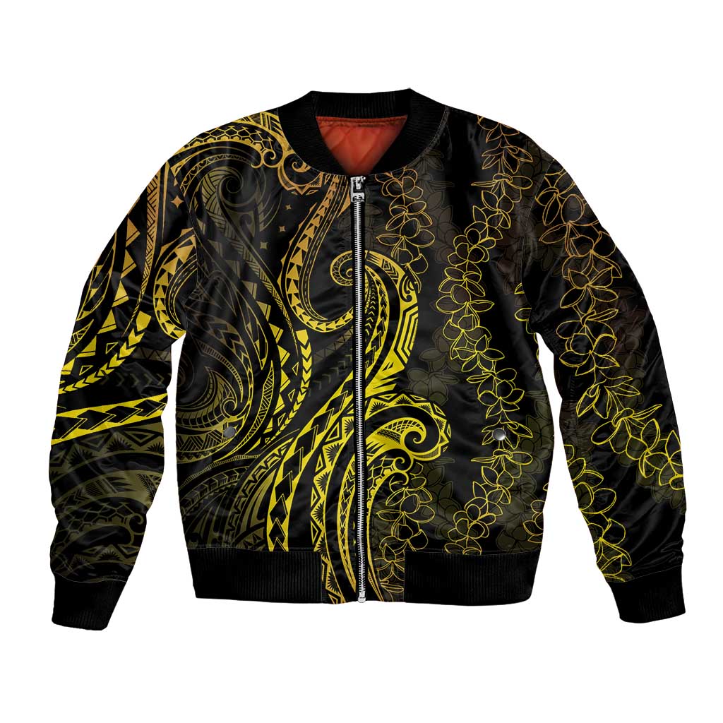 Polynesia Plumeria Lei Bomber Jacket Black Gold Curves Motif