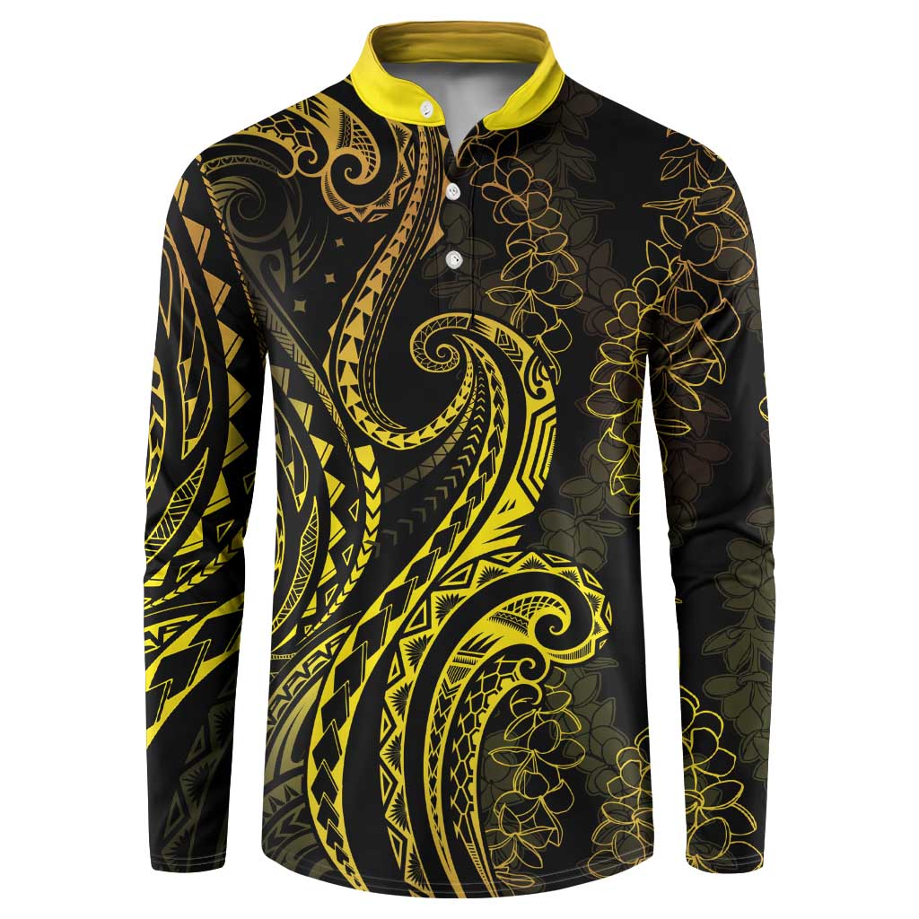 Polynesia Plumeria Lei Button Sweatshirt Black Gold Curves Motif LT7 Gold - Polynesian Pride