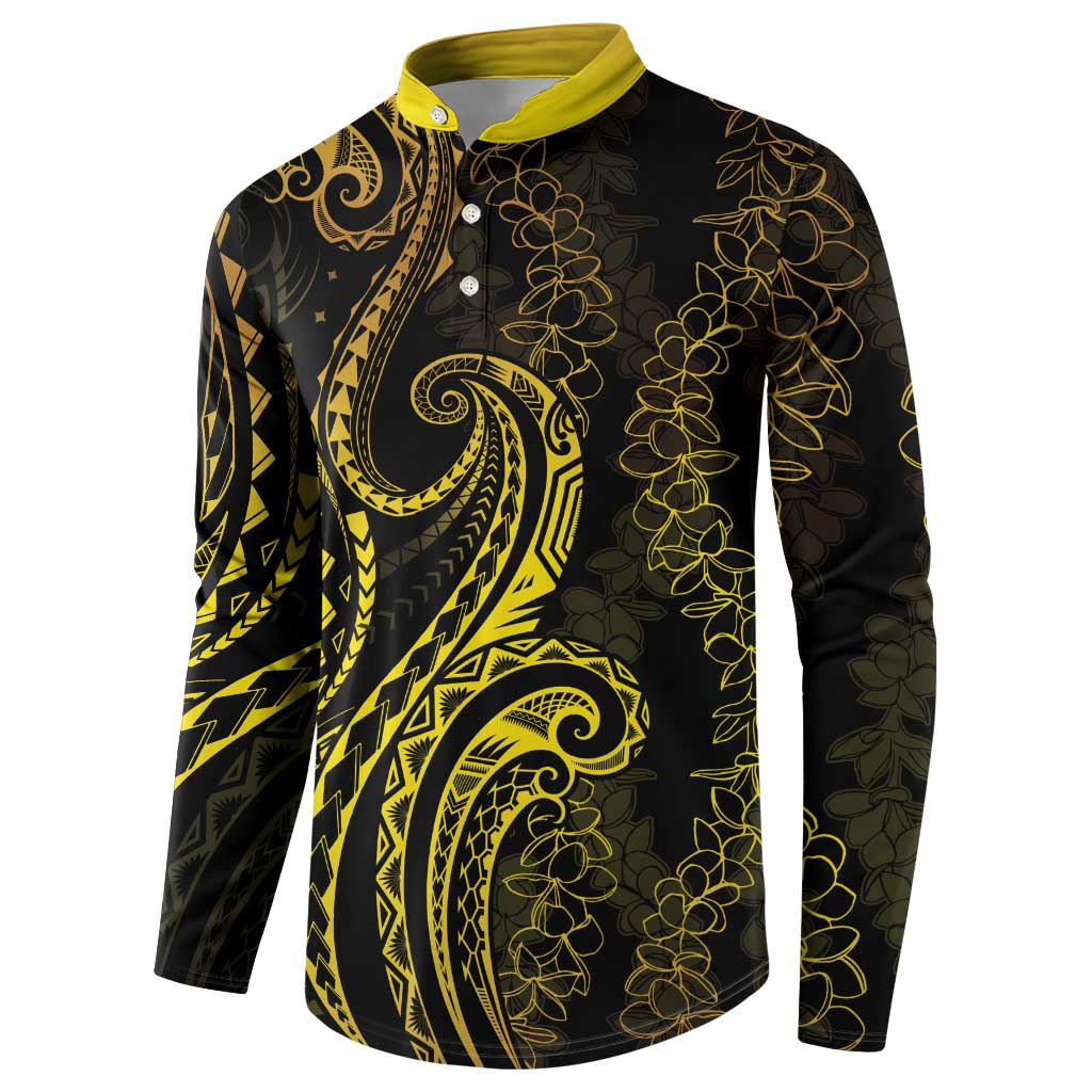 Polynesia Plumeria Lei Button Sweatshirt Black Gold Curves Motif LT7 - Polynesian Pride