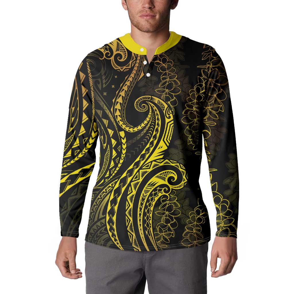 Polynesia Plumeria Lei Button Sweatshirt Black Gold Curves Motif LT7 - Polynesian Pride