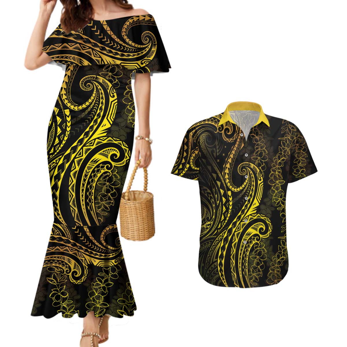 Polynesia Plumeria Lei Couples Matching Mermaid Dress and Hawaiian Shirt Black Gold Curves Motif LT7 Gold - Polynesian Pride