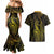 Polynesia Plumeria Lei Couples Matching Mermaid Dress and Hawaiian Shirt Black Gold Curves Motif