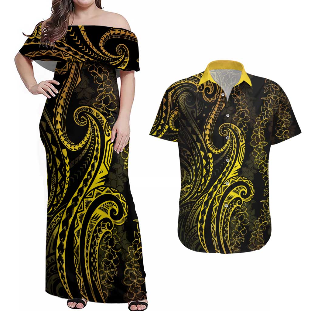 Polynesia Plumeria Lei Couples Matching Off Shoulder Maxi Dress and Hawaiian Shirt Black Gold Curves Motif LT7 Gold - Polynesian Pride