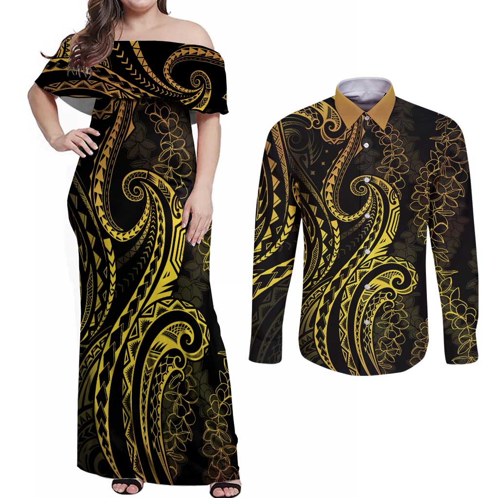Polynesia Plumeria Lei Couples Matching Off Shoulder Maxi Dress and Long Sleeve Button Shirt Black Gold Curves Motif LT7 Gold - Polynesian Pride