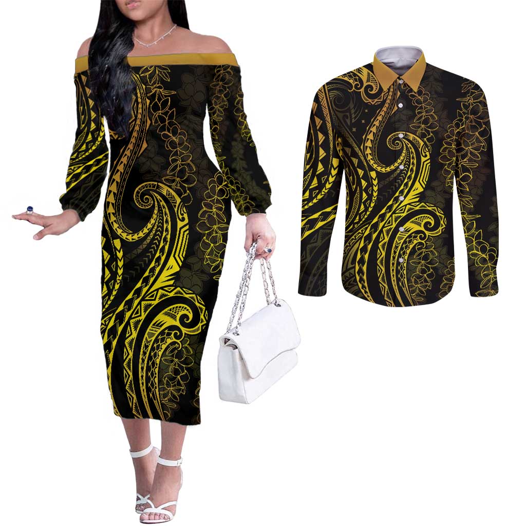 Polynesia Plumeria Lei Couples Matching Off The Shoulder Long Sleeve Dress and Long Sleeve Button Shirt Black Gold Curves Motif LT7 Gold - Polynesian Pride