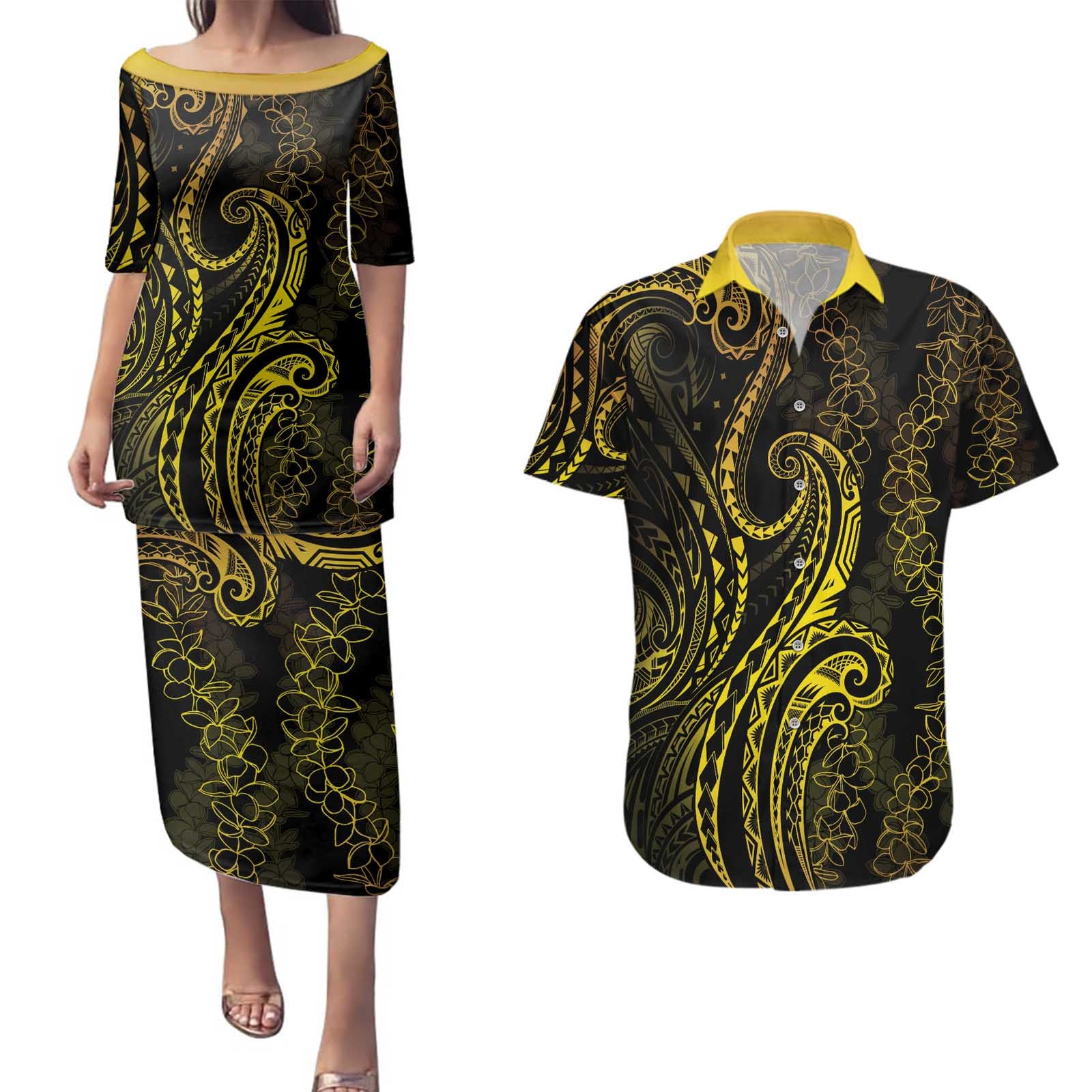 Polynesia Plumeria Lei Couples Matching Puletasi and Hawaiian Shirt Black Gold Curves Motif LT7 Gold - Polynesian Pride