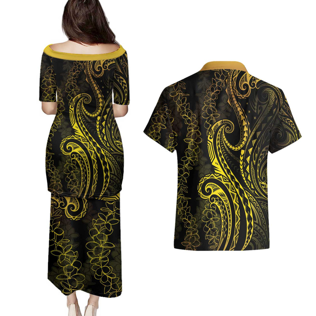 Polynesia Plumeria Lei Couples Matching Puletasi and Hawaiian Shirt Black Gold Curves Motif LT7 - Polynesian Pride