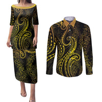 Polynesia Plumeria Lei Couples Matching Puletasi and Long Sleeve Button Shirt Black Gold Curves Motif LT7 Gold - Polynesian Pride