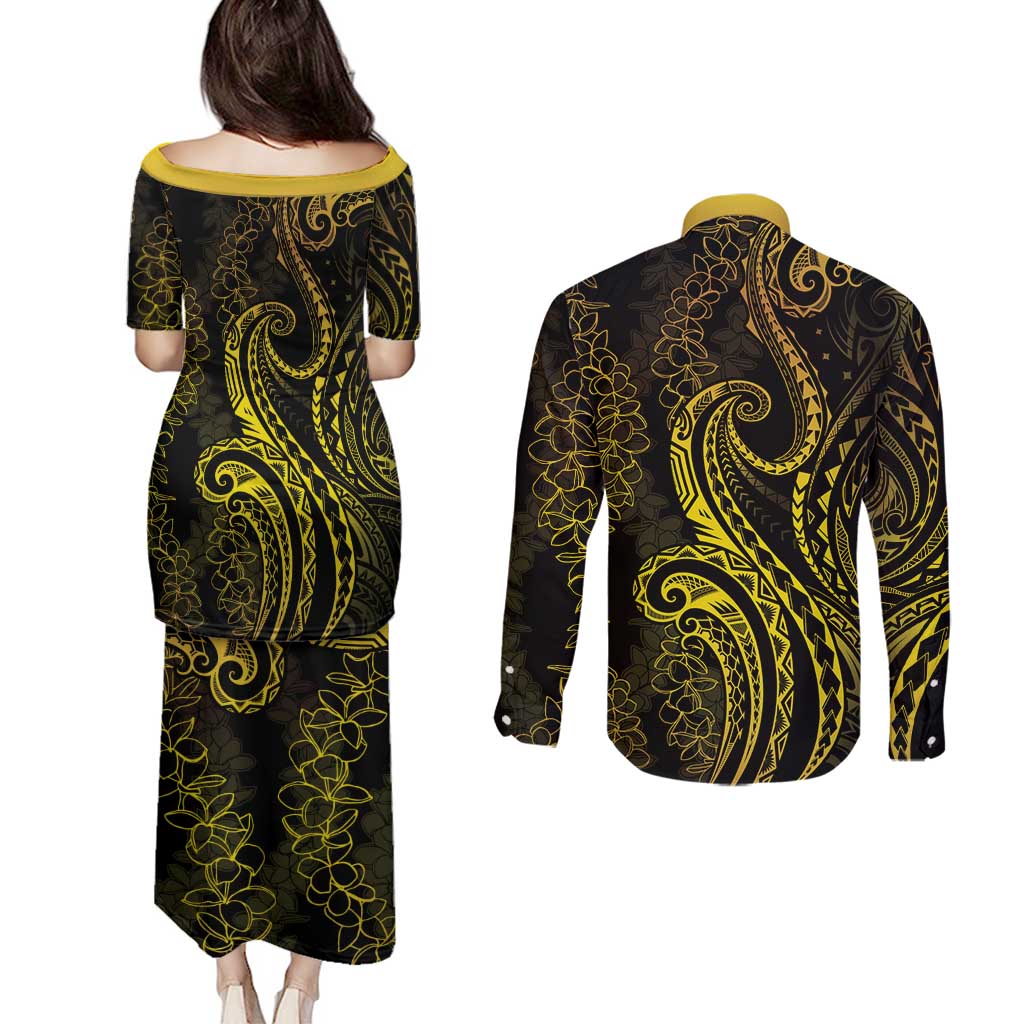 Polynesia Plumeria Lei Couples Matching Puletasi and Long Sleeve Button Shirt Black Gold Curves Motif LT7 - Polynesian Pride