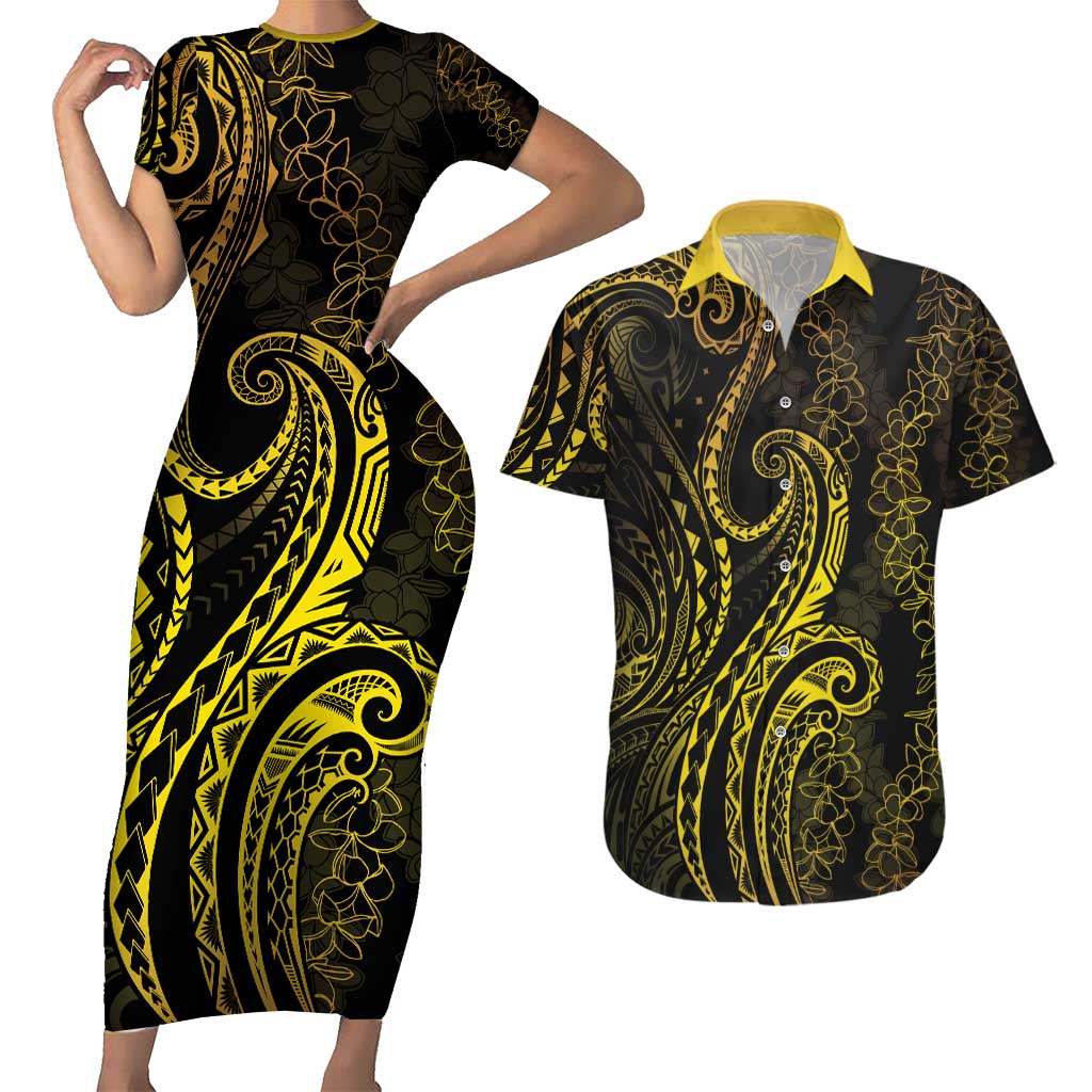 Polynesia Plumeria Lei Couples Matching Short Sleeve Bodycon Dress and Hawaiian Shirt Black Gold Curves Motif LT7 Gold - Polynesian Pride