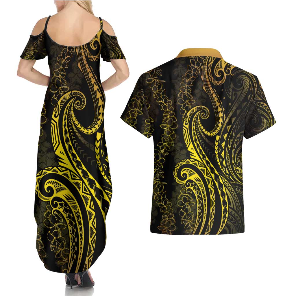 Polynesia Plumeria Lei Couples Matching Summer Maxi Dress and Hawaiian Shirt Black Gold Curves Motif LT7 - Polynesian Pride