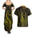 Polynesia Plumeria Lei Couples Matching Summer Maxi Dress and Hawaiian Shirt Black Gold Curves Motif