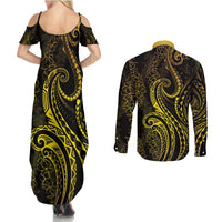 Polynesia Plumeria Lei Couples Matching Summer Maxi Dress and Long Sleeve Button Shirt Black Gold Curves Motif