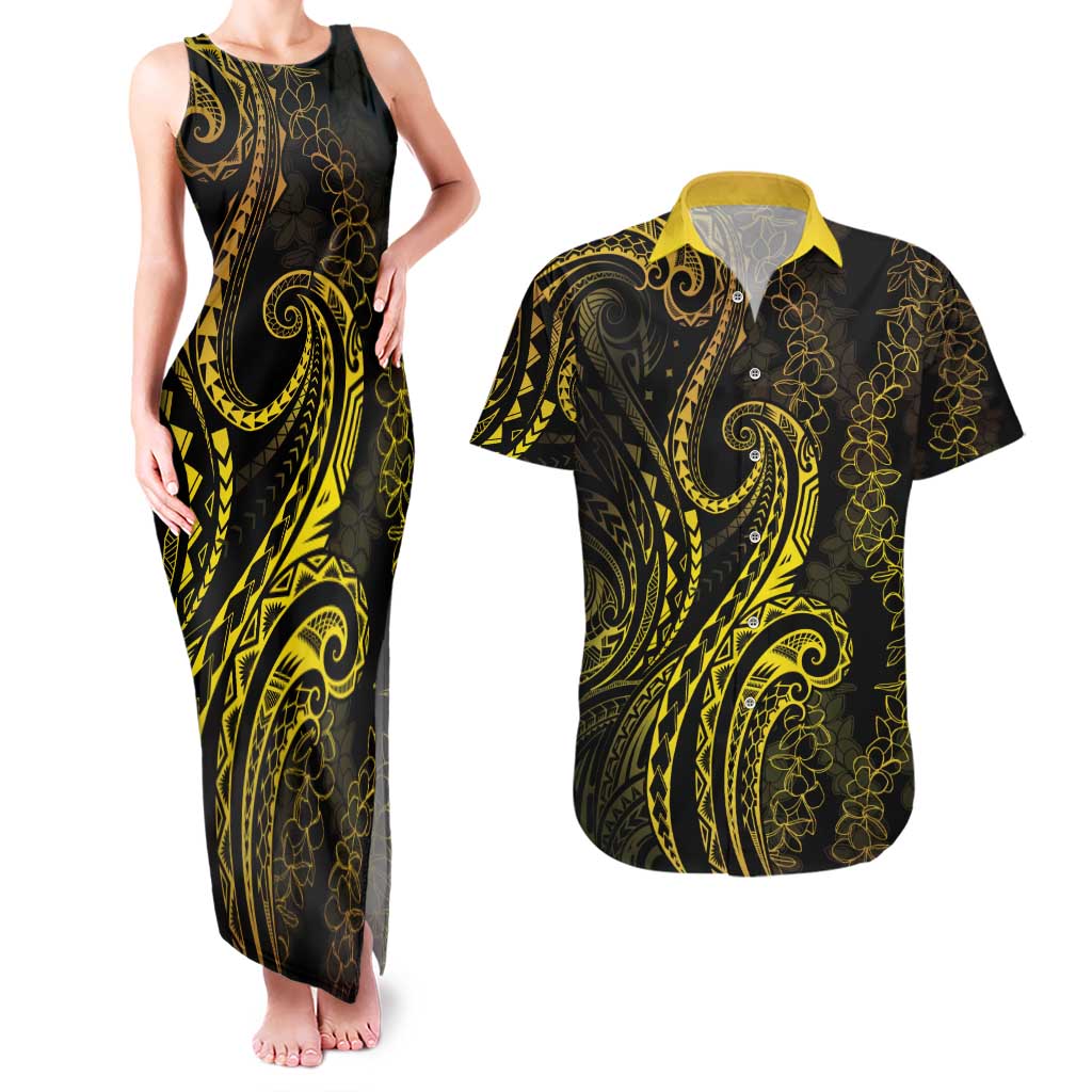 Polynesia Plumeria Lei Couples Matching Tank Maxi Dress and Hawaiian Shirt Black Gold Curves Motif LT7 Gold - Polynesian Pride