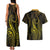 Polynesia Plumeria Lei Couples Matching Tank Maxi Dress and Hawaiian Shirt Black Gold Curves Motif