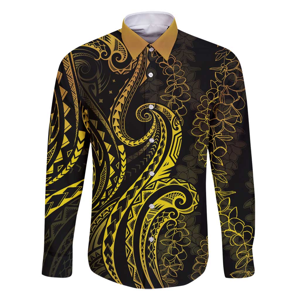 Polynesia Plumeria Lei Family Matching Long Sleeve Bodycon Dress and Hawaiian Shirt Black Gold Curves Motif