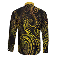 Polynesia Plumeria Lei Family Matching Long Sleeve Bodycon Dress and Hawaiian Shirt Black Gold Curves Motif
