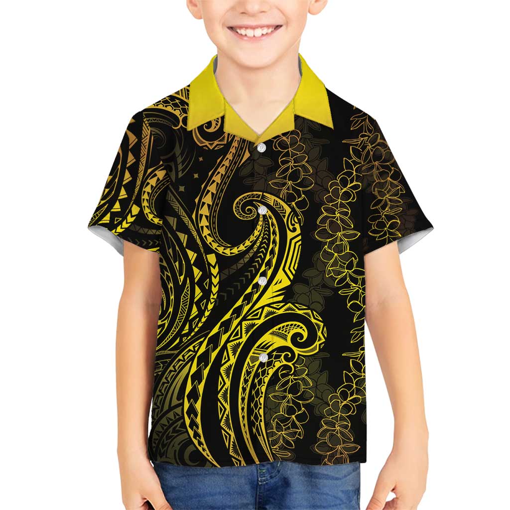 Polynesia Plumeria Lei Family Matching Long Sleeve Bodycon Dress and Hawaiian Shirt Black Gold Curves Motif