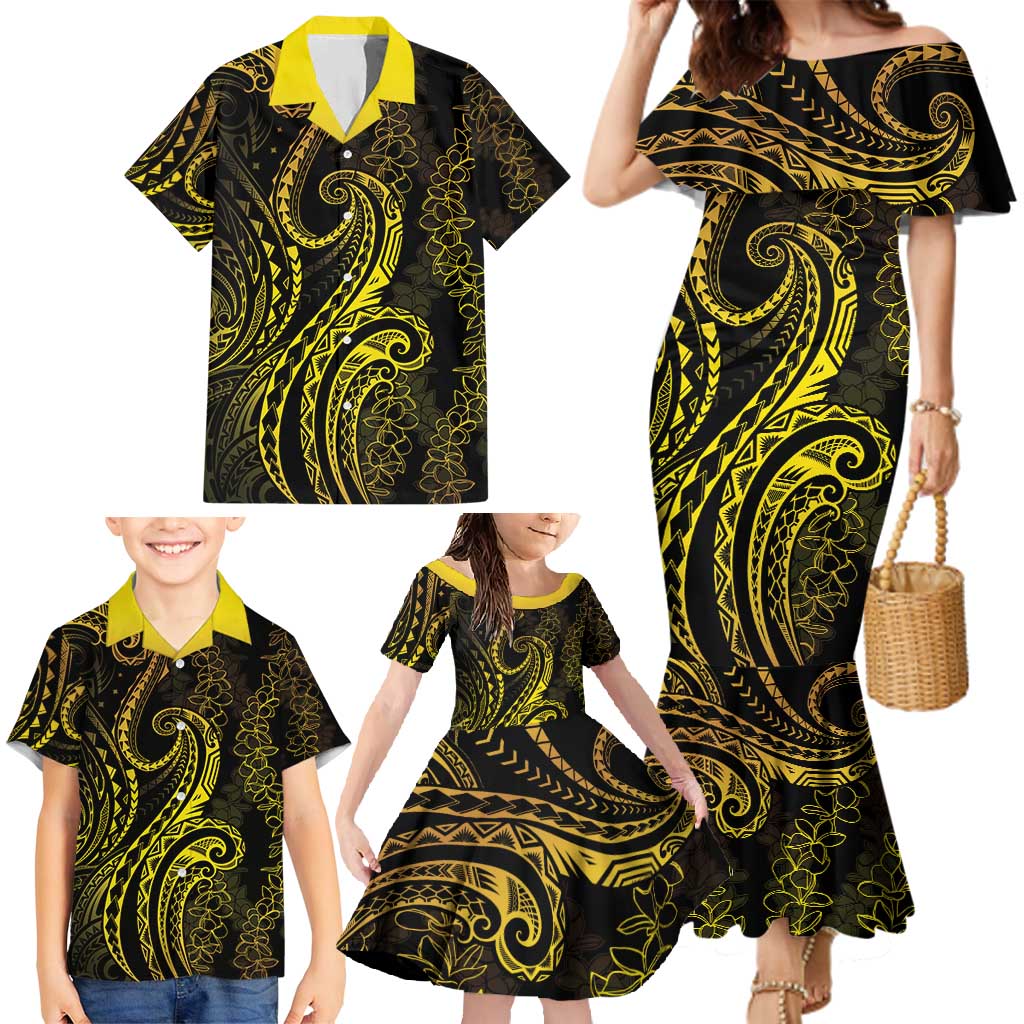 Polynesia Plumeria Lei Family Matching Mermaid Dress and Hawaiian Shirt Black Gold Curves Motif LT7 - Polynesian Pride